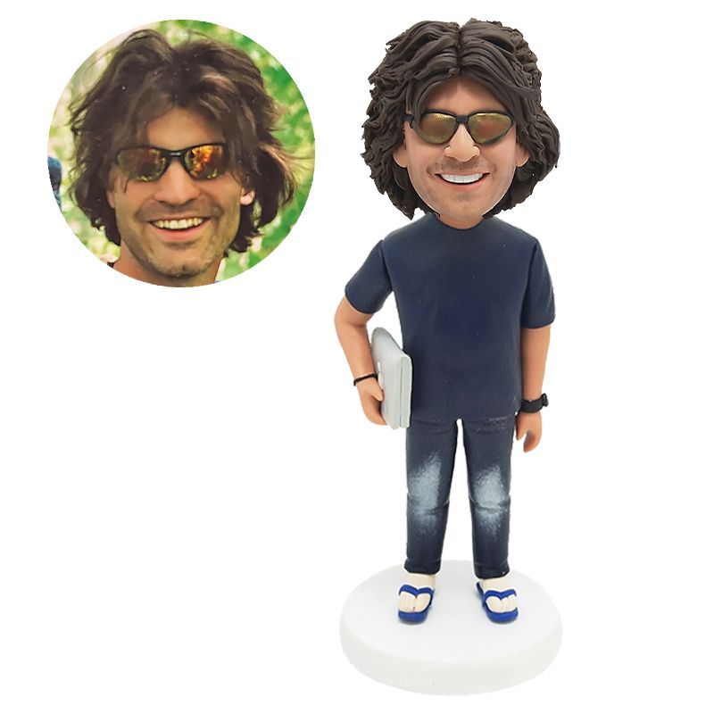 custom bobblehead casual man holding a laptop