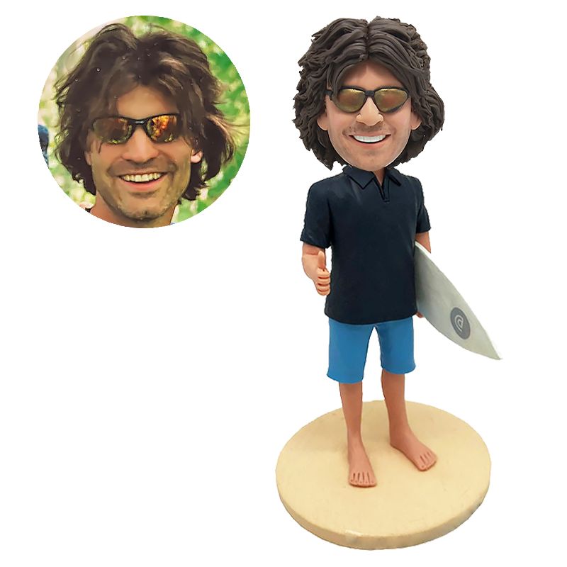 custom bobblehead surfer man holding a surfboard