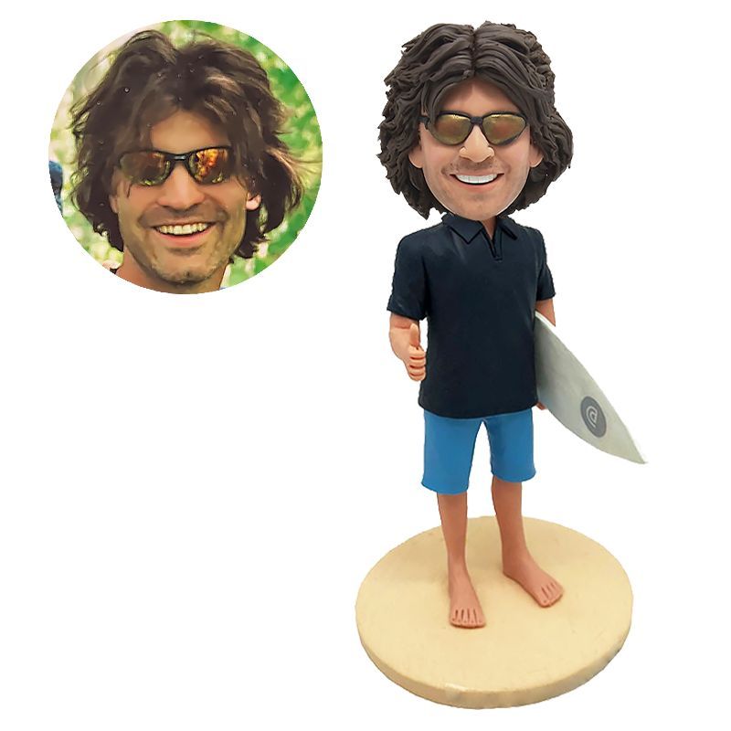 custom bobblehead surfer man holding a surfboard