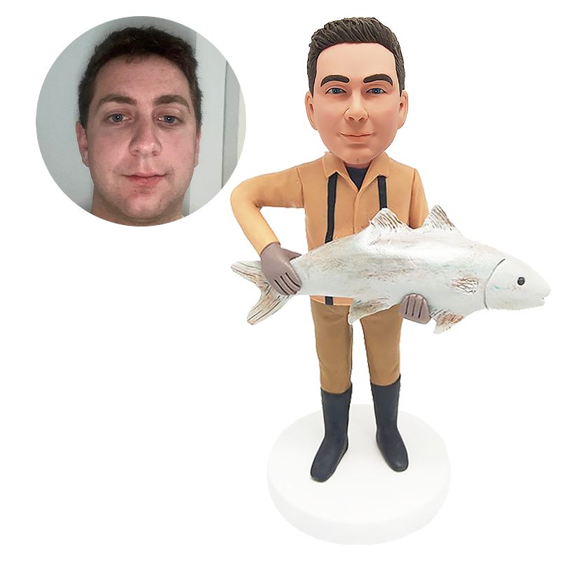 custom made bobblehead figure fisherman holding a big fish