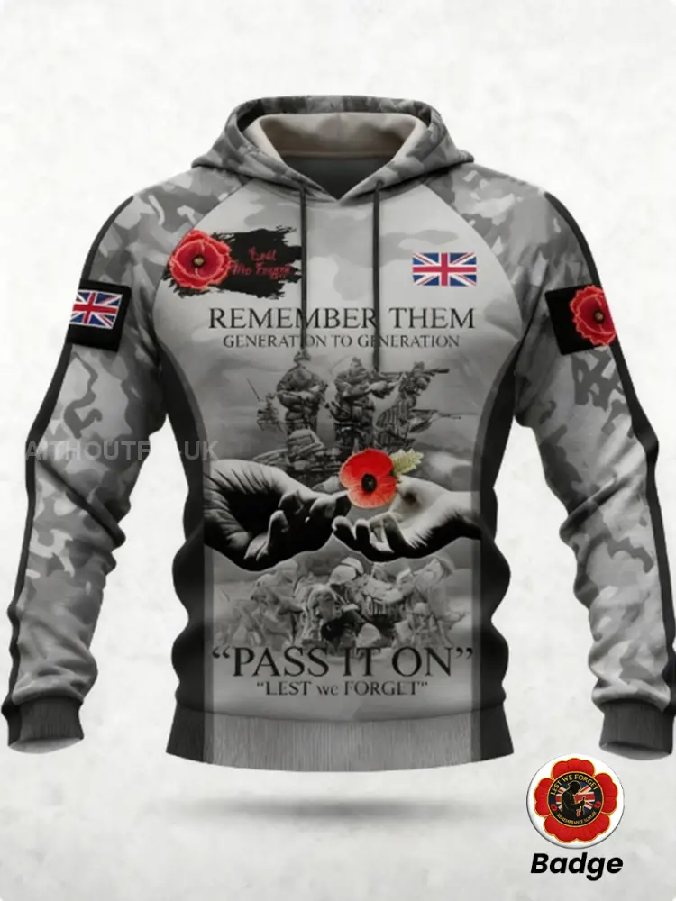 Men's 11th November Remembrance Day LEST WE'S FORGET Poppy Remembrance Hoodie 