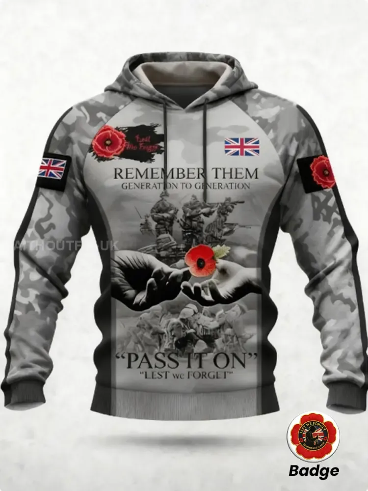 Men's 11th November Remembrance Day LEST WE'S FORGET Poppy Remembrance Hoodie 