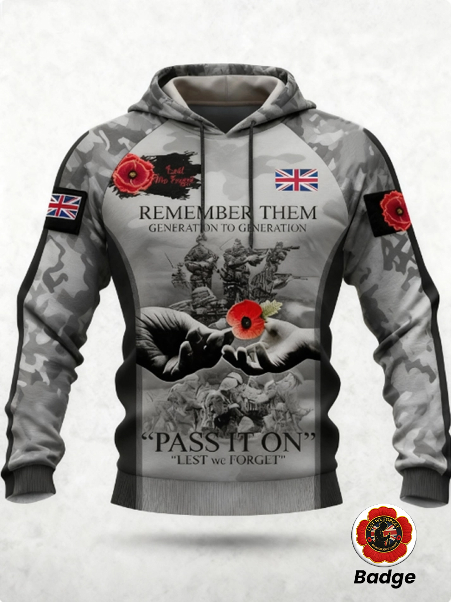 Men's 11th November Remembrance Day LEST WE'S FORGET Poppy Remembrance Hoodie 