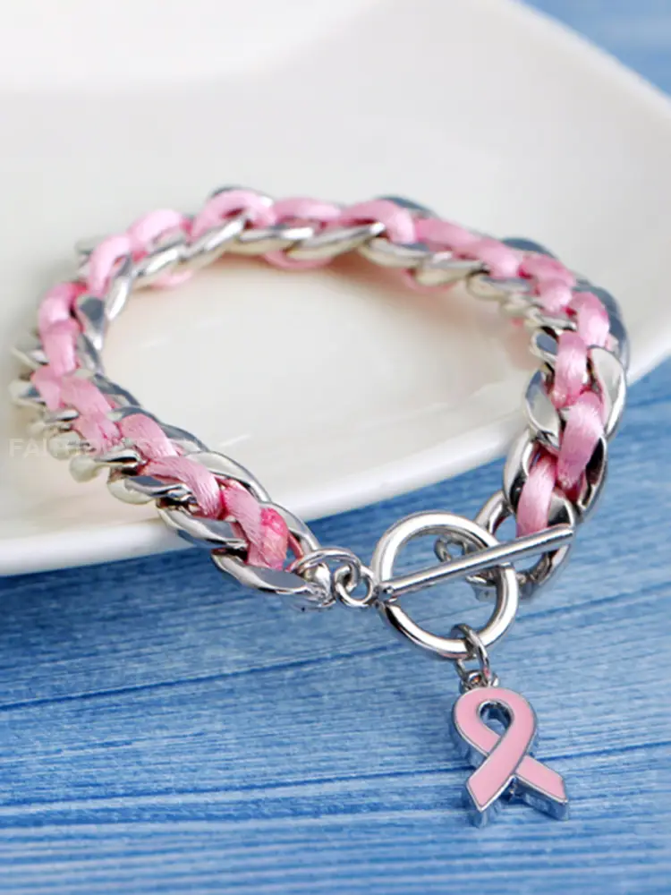 Womens Breast Cancer Awareness Pink Ribbon Bracelet - Pink · 20CM