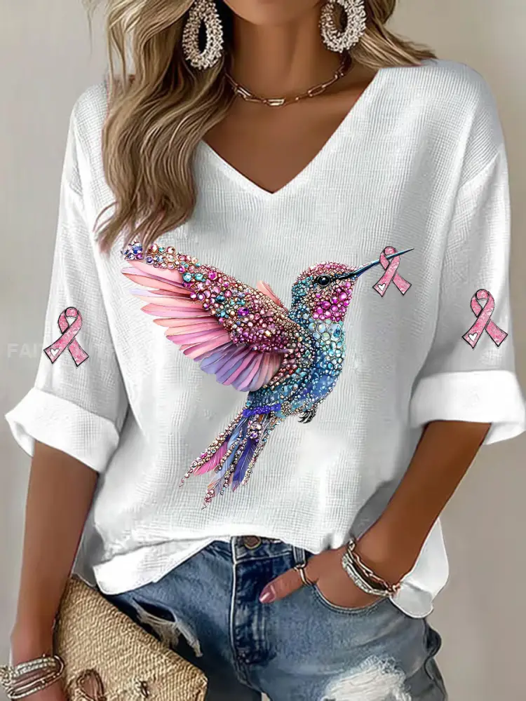Women’s Breast Cancer Hummingbird Print Casual T-shirt