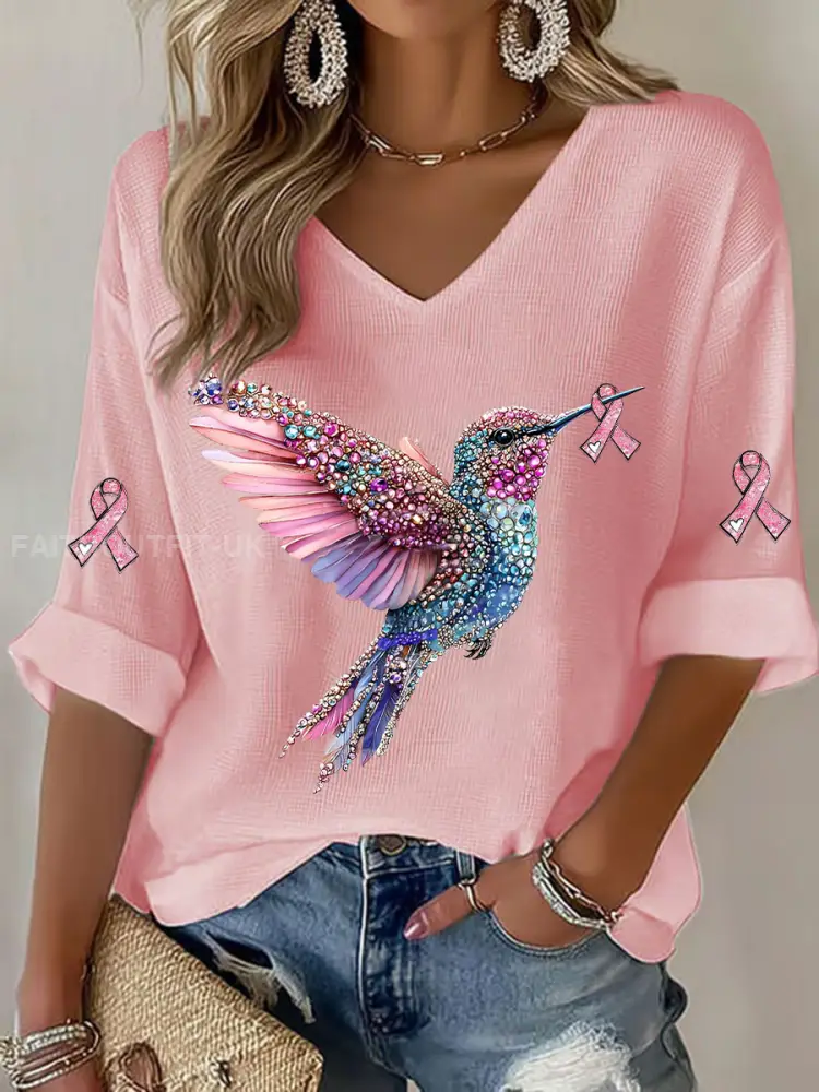 Women’s Breast Cancer Hummingbird Print Casual T-shirt
