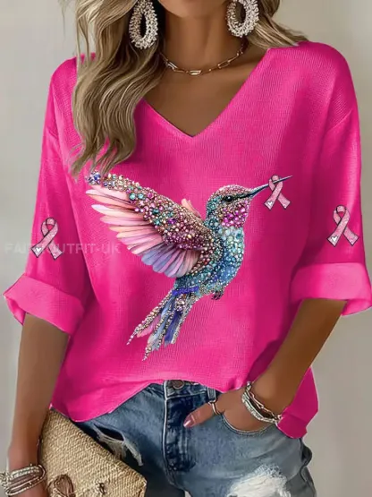 Women’s Breast Cancer Hummingbird Print Casual T-shirt