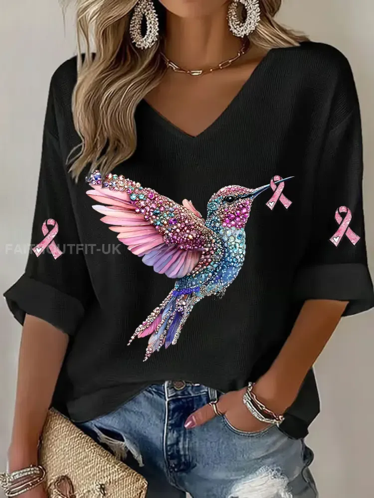 Women’s Breast Cancer Hummingbird Print Casual T-shirt