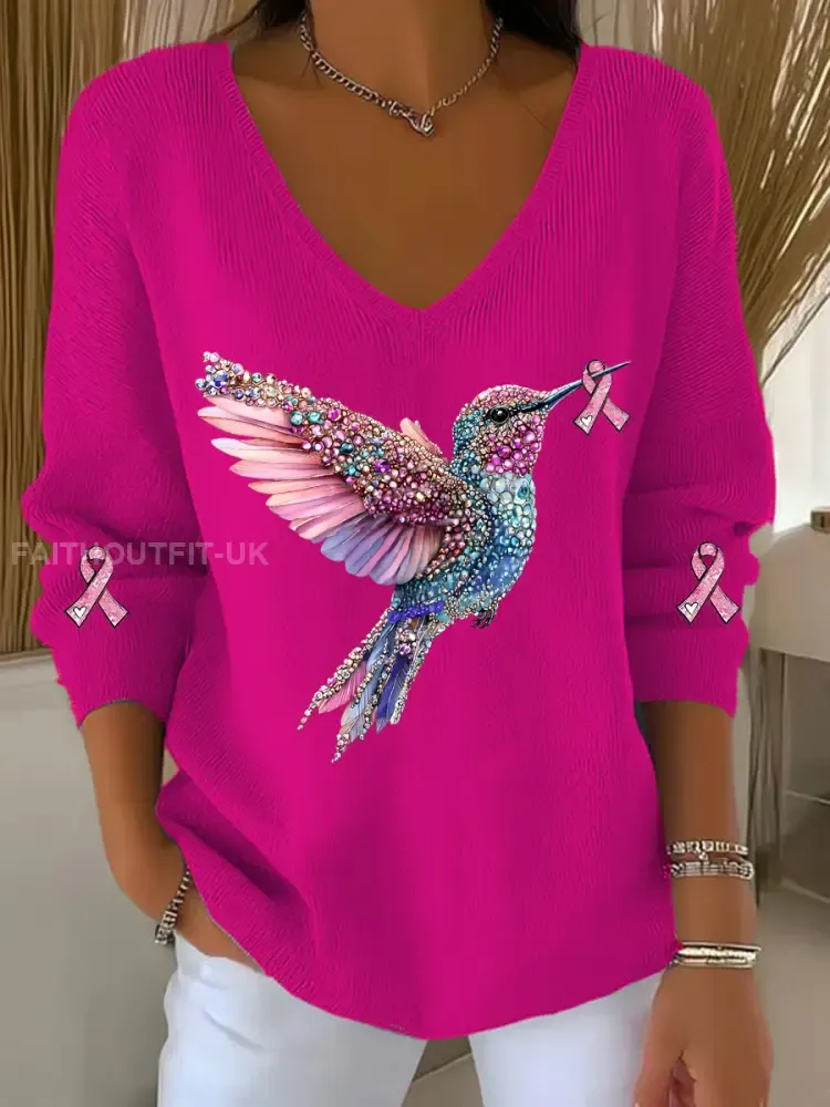 Women’s Breast Cancer Awareness Hummingbird Print Casual Top