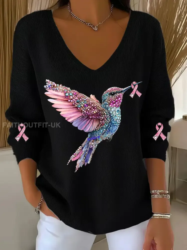 Women’s Breast Cancer Awareness Hummingbird Print Casual Top
