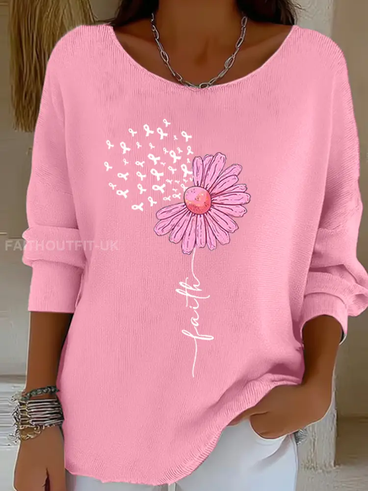 Women’s Pink Ribbon Sunflower Faith Print Breast Cancer Awareness Support Long Sleeve Top
