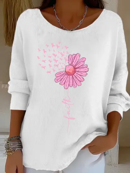 Women’s Pink Ribbon Sunflower Faith Print Breast Cancer Awareness Support Long Sleeve Top