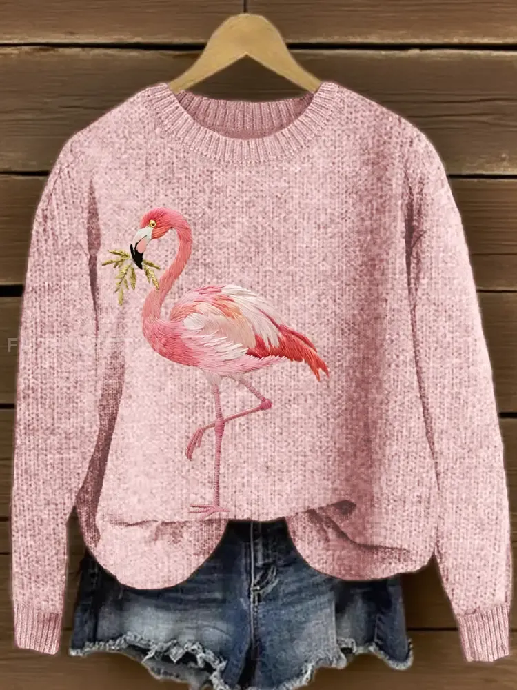 Women’s Pink Flamingo Embroidered Knit Sweater