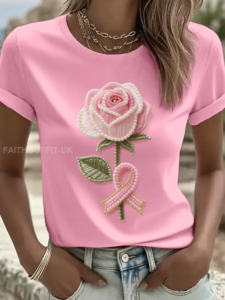 Women’s Rhinestone Art Pink Ribbon and Floral Pattern T-Shirt
