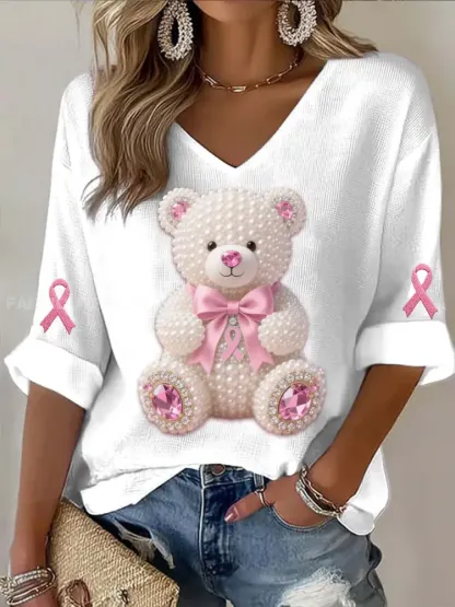 Vintage Breast Cancer Bear Pearls Abstract Print Casual Cotton Long Sleeve T-Shirt