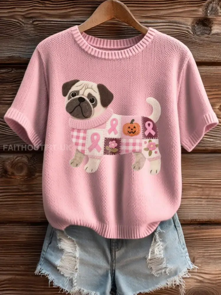 Women’s Breast Cancer Awareness Inspired Pug Pattern Felt Art Cozy Knit Top
