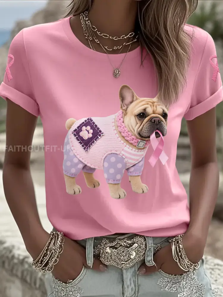 Women’s Pink Dog Pink Ribbon Breast Cancer Awareness Support Tee