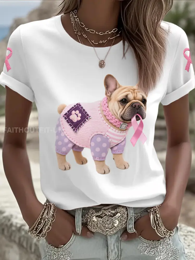 Women’s Pink Dog Pink Ribbon Breast Cancer Awareness Support Tee