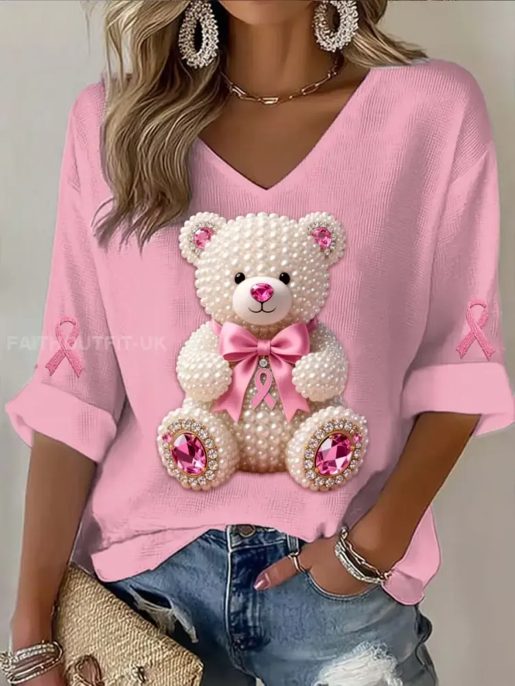 Vintage Breast Cancer Bear Pearls Abstract Print Casual Cotton Long Sleeve T-Shirt