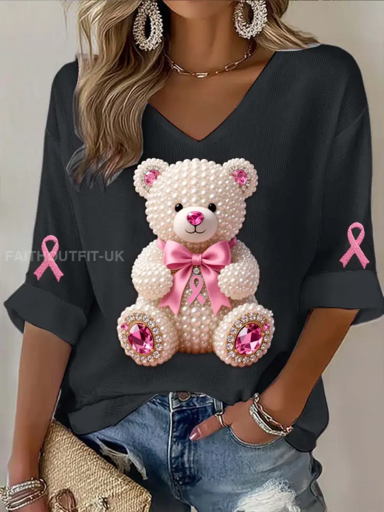 Vintage Breast Cancer Bear Pearls Abstract Print Casual Cotton Long Sleeve T-Shirt