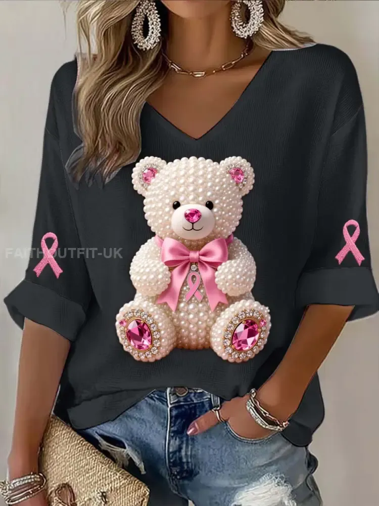 Vintage Breast Cancer Bear Pearls Abstract Print Casual Cotton Long Sleeve T-Shirt