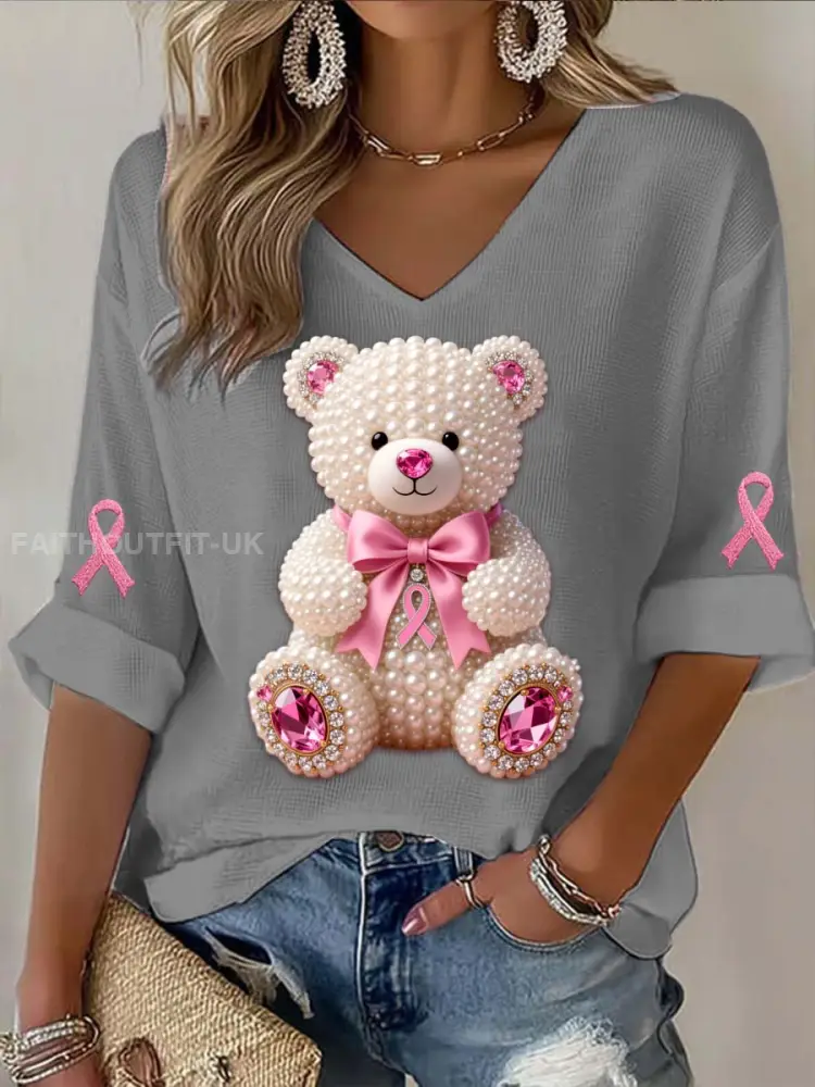 Vintage Breast Cancer Bear Pearls Abstract Print Casual Cotton Long Sleeve T-Shirt