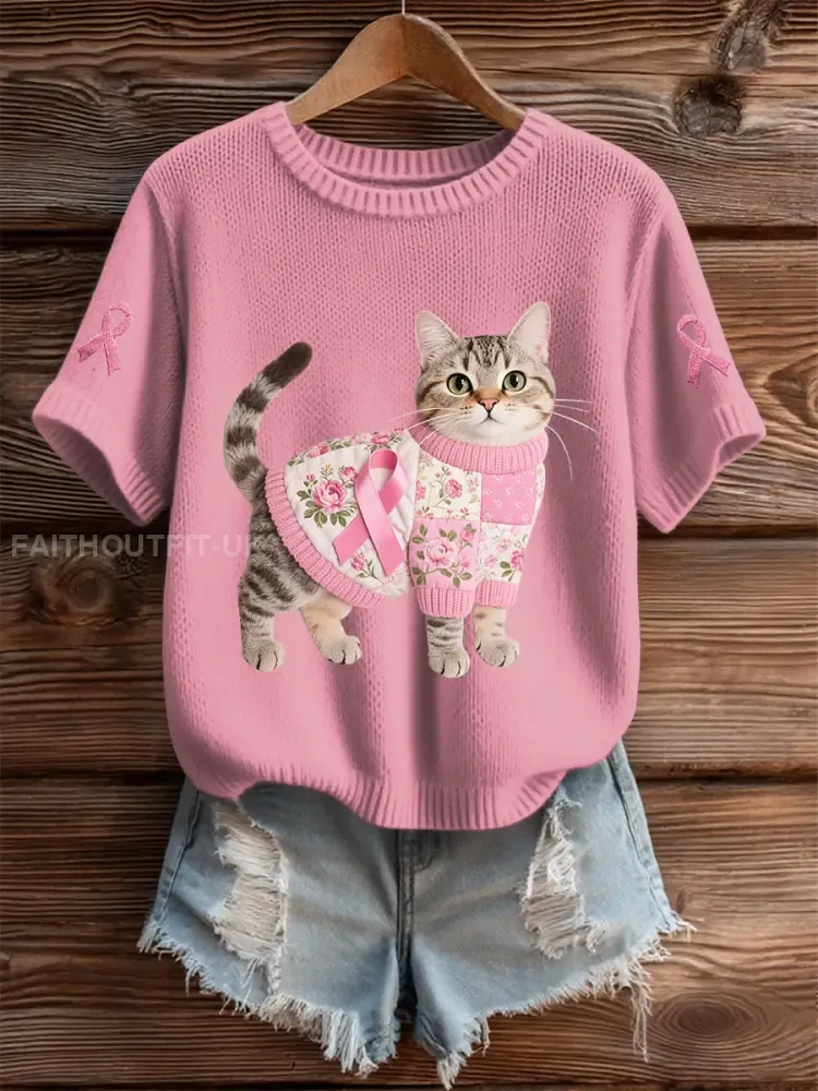 Women’s Cat Pink Ribbon Print Casual T-shirt