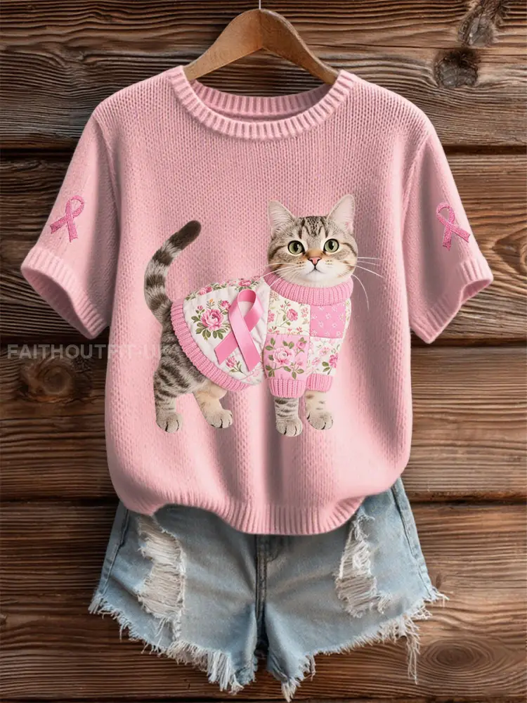Women’s Cat Pink Ribbon Print Casual T-shirt