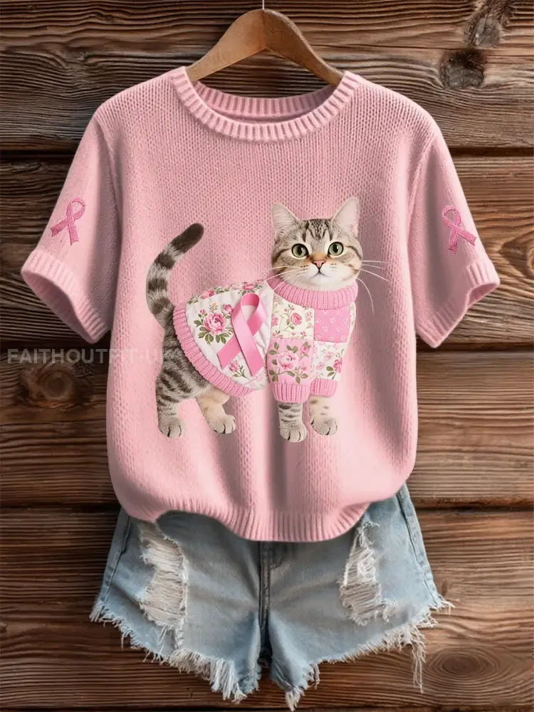 Women’s Cat Pink Ribbon Print Casual T-shirt