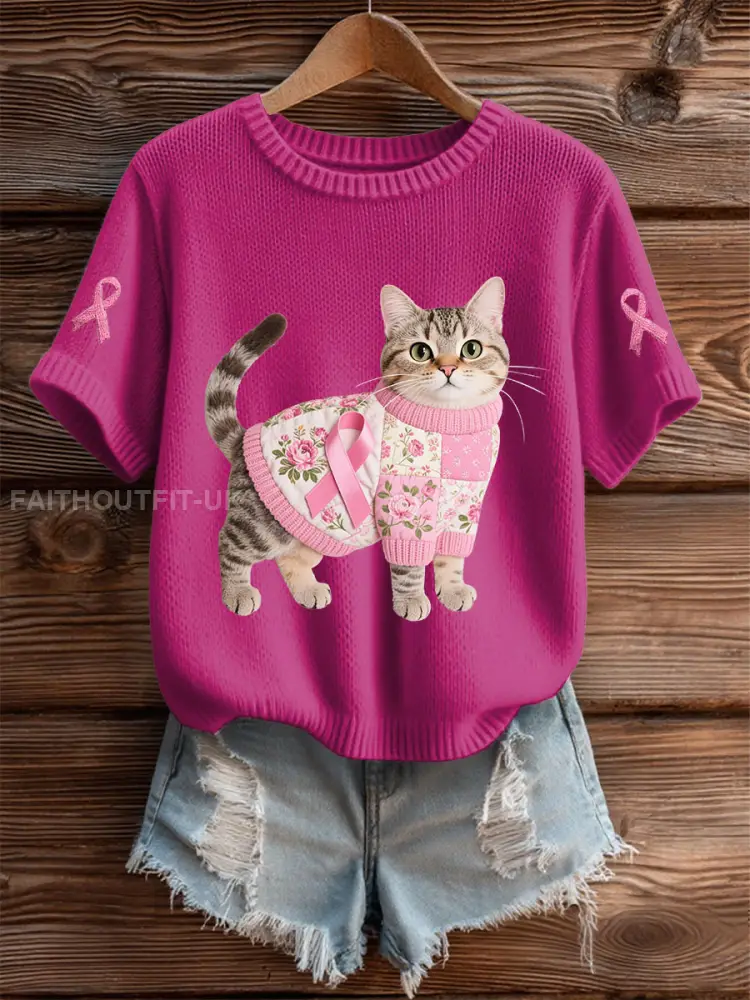 Women’s Cat Pink Ribbon Print Casual T-shirt