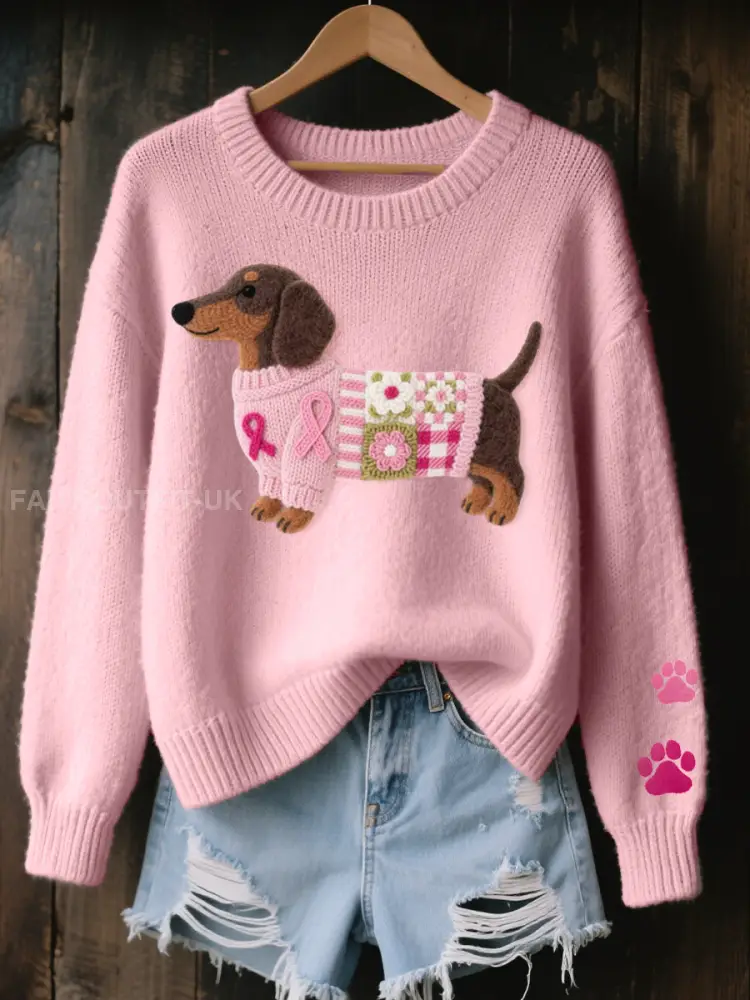 Women’s Wool Felt Art Dachshund Pattern Cozy Knit Sweater