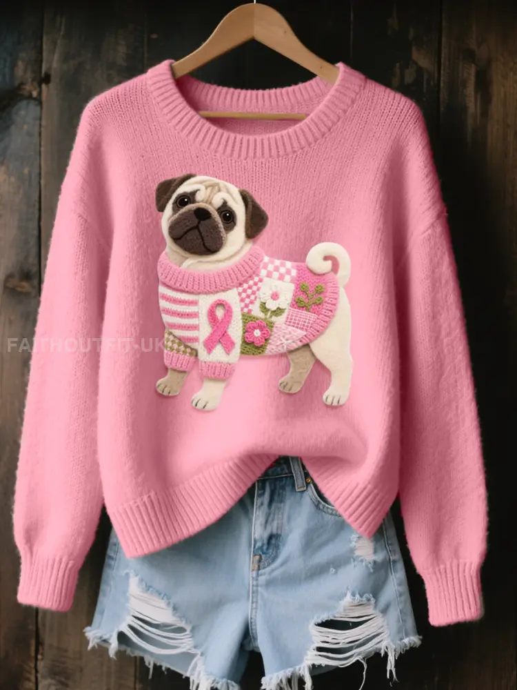 Women’s Felt Art Pug Pattern Cozy Knit Sweater