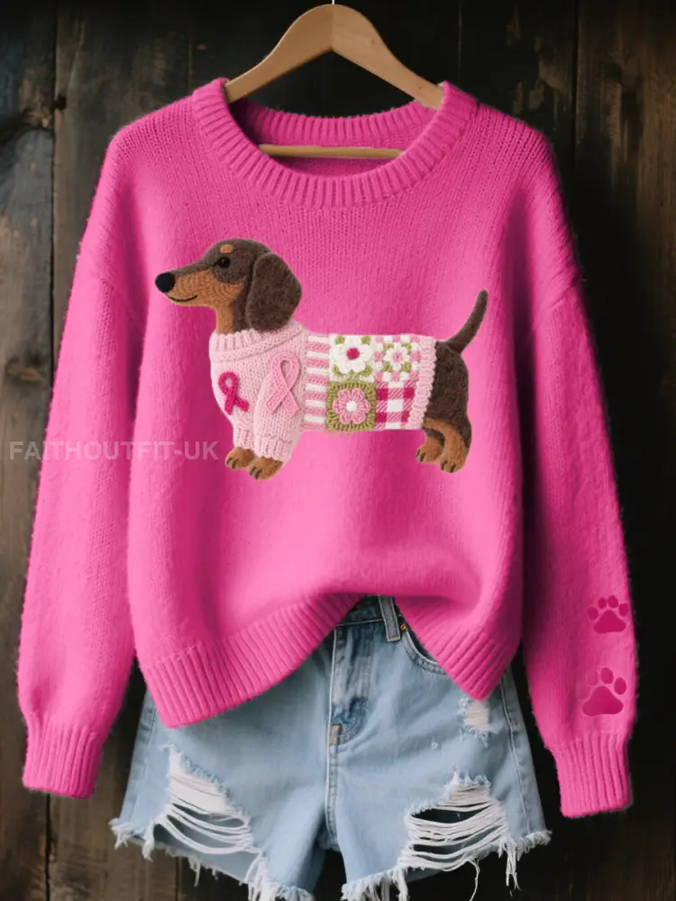 Women’s Wool Felt Art Dachshund Pattern Cozy Knit Sweater