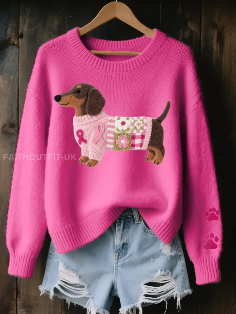 Women’s Wool Felt Art Dachshund Pattern Cozy Knit Sweater