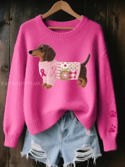 Women’s Wool Felt Art Dachshund Pattern Cozy Knit Sweater
