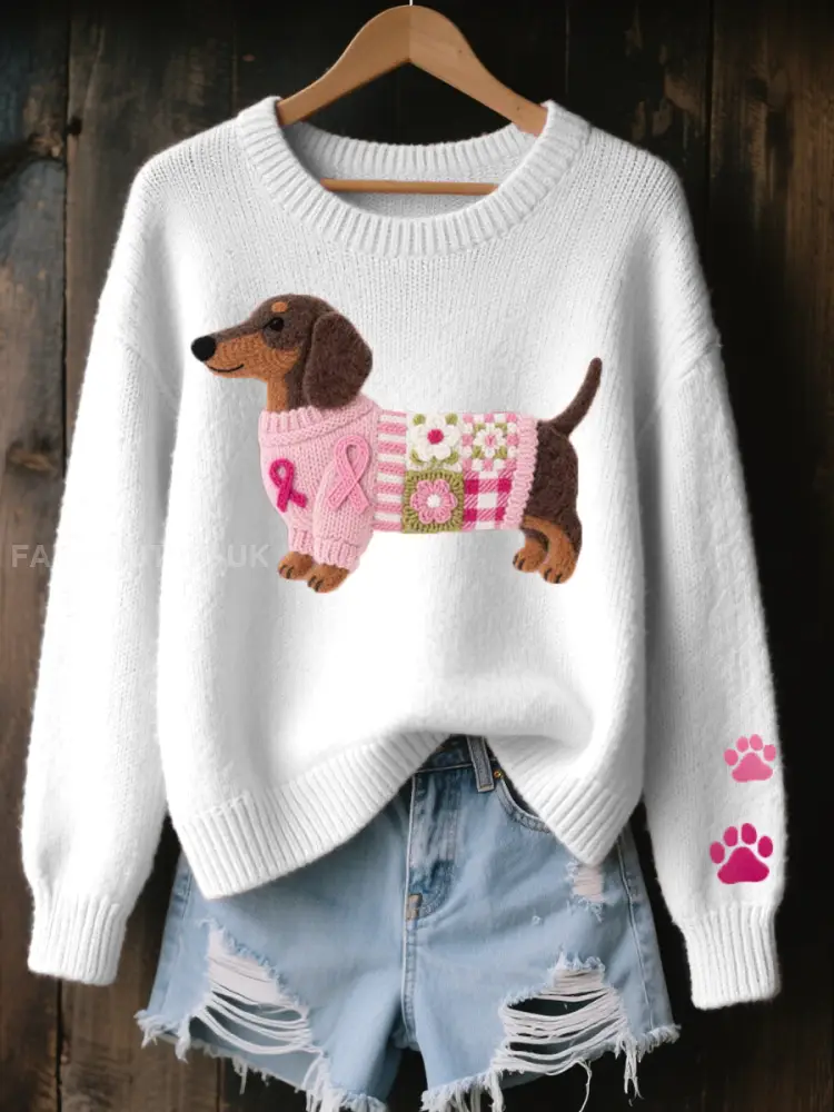 Women’s Wool Felt Art Dachshund Pattern Cozy Knit Sweater