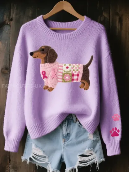 Women’s Wool Felt Art Dachshund Pattern Cozy Knit Sweater