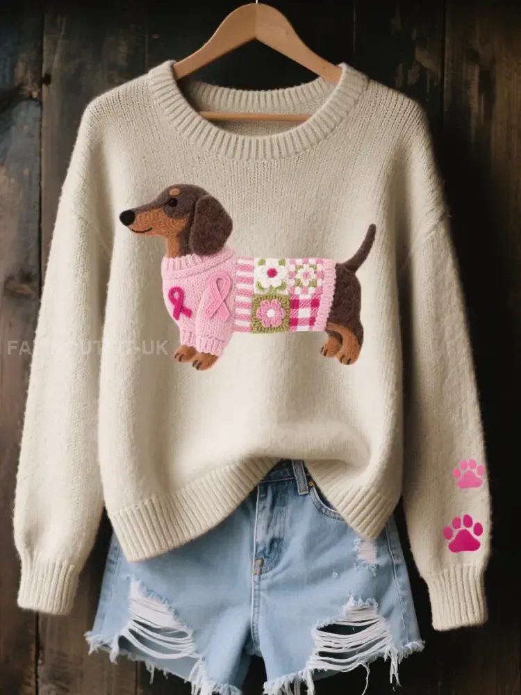 Women’s Wool Felt Art Dachshund Pattern Cozy Knit Sweater