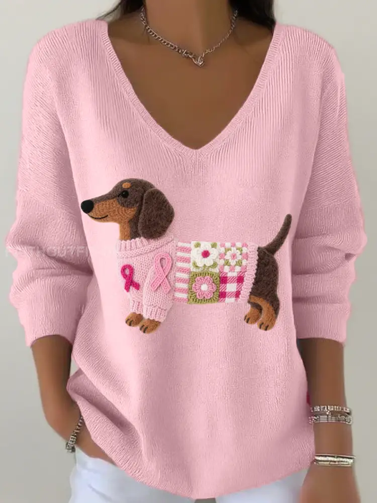Women’s Felt Art Dachshund Pattern V-Neck Ribbed Top