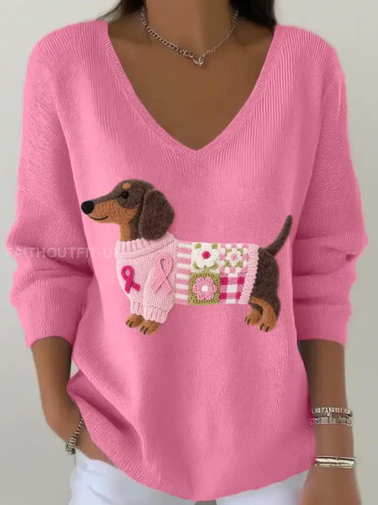 Women’s Felt Art Dachshund Pattern V-Neck Ribbed Top