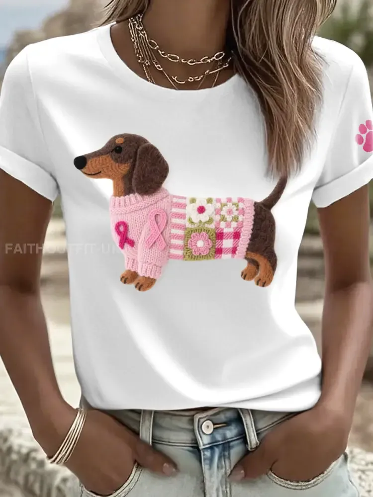 Women’s Felt Art Dachshund Pattern T-Shirt