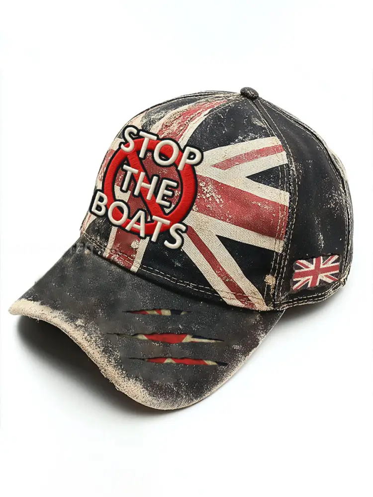 Unisex UK Flag Stop The Boats Print Hat - Black · ONE