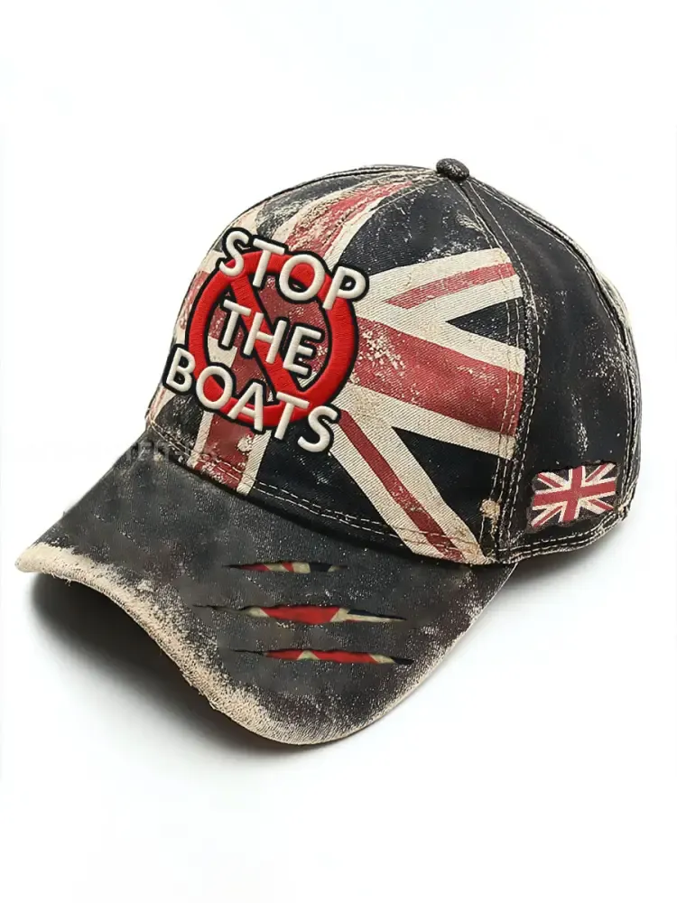 Unisex UK Flag Stop The Boats Print Hat - Black · ONE