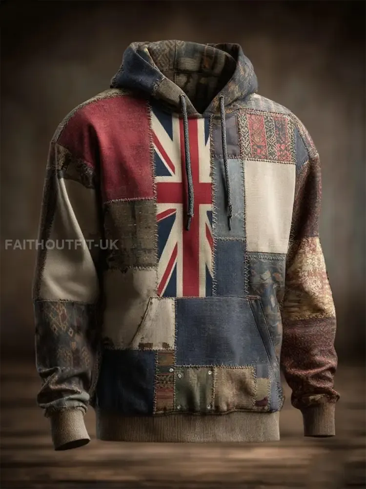 Men’s British Flag Printed Casual Oversized Drop-Shoulder Hoodie with Pockets