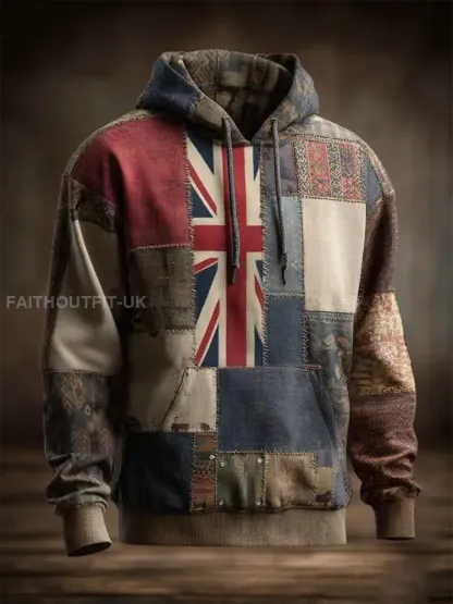 Men’s British Flag Printed Casual Oversized Drop-Shoulder Hoodie with Pockets