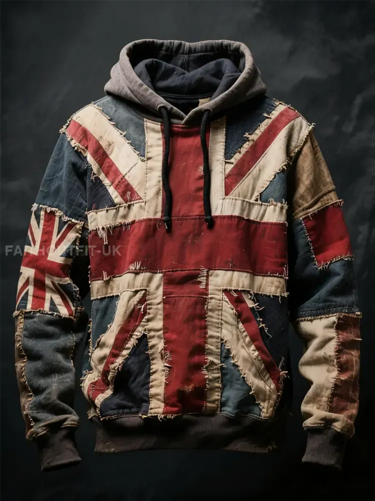 Unisex Union Jack and patchwork style Printed Oversized Drop-Shoulder Hoodie with Pockets