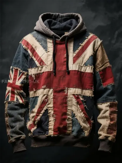Unisex Union Jack and patchwork style Printed Oversized Drop-Shoulder Hoodie with Pockets
