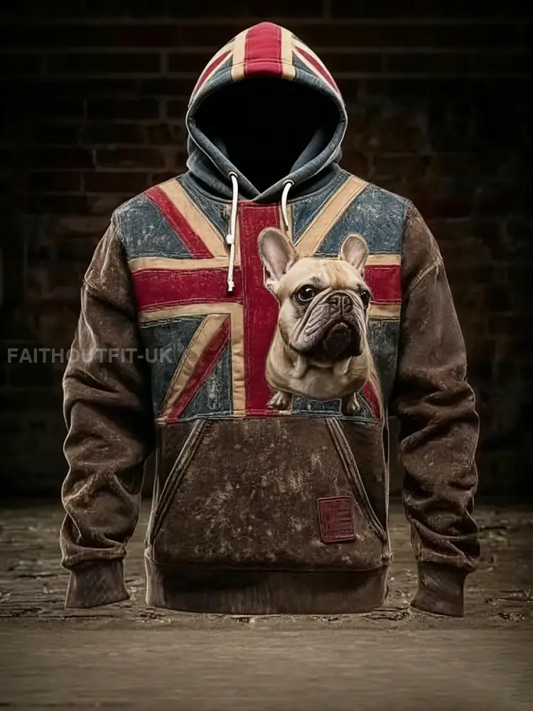 Men’s Vintage England Flag French Bulldog Printed Hoodie