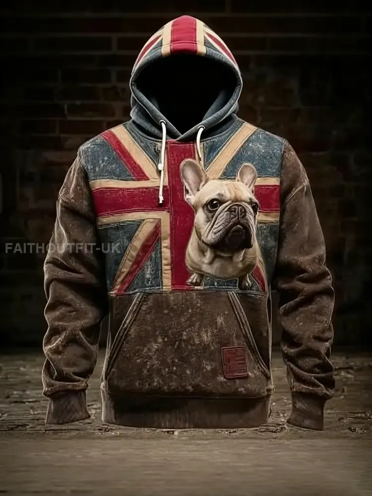 Men’s Vintage England Flag French Bulldog Printed Hoodie