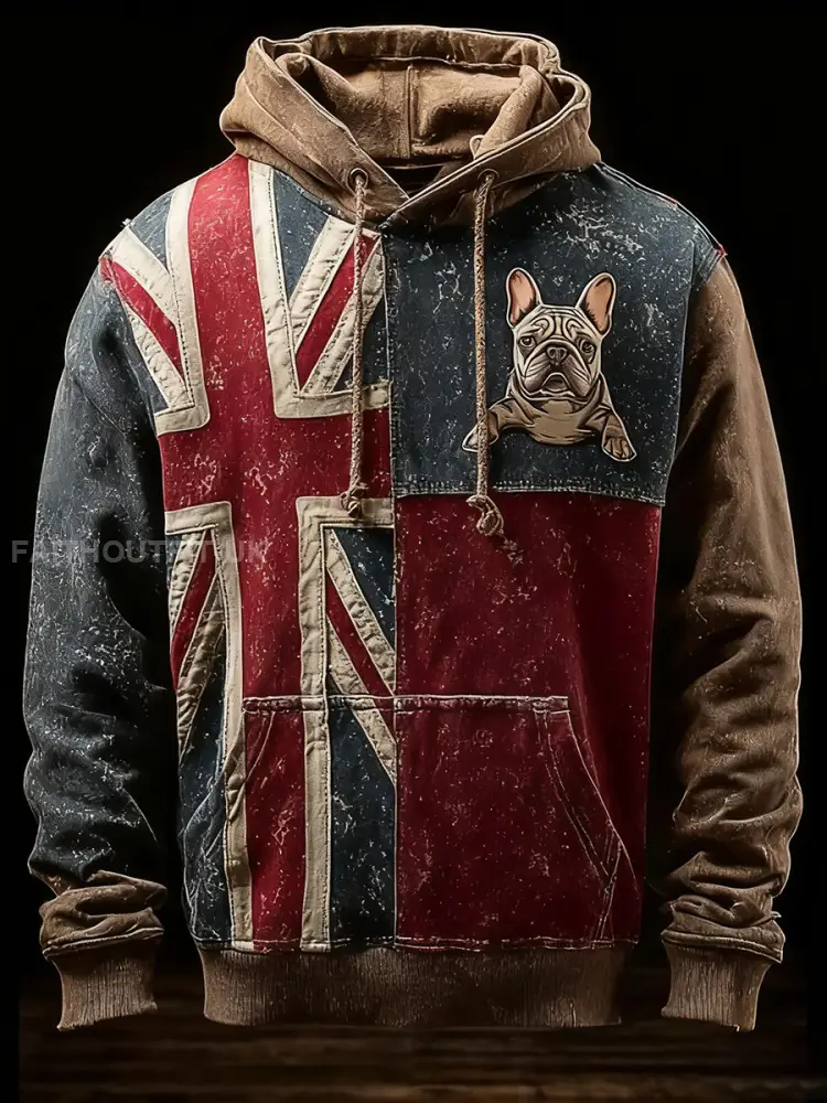 Men’s Vintage England Flag French Bulldog Printed Hoodie